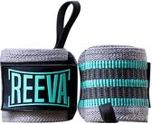 Grijze polsbanden met turquoise REEVA-logo en horizontale strepen.