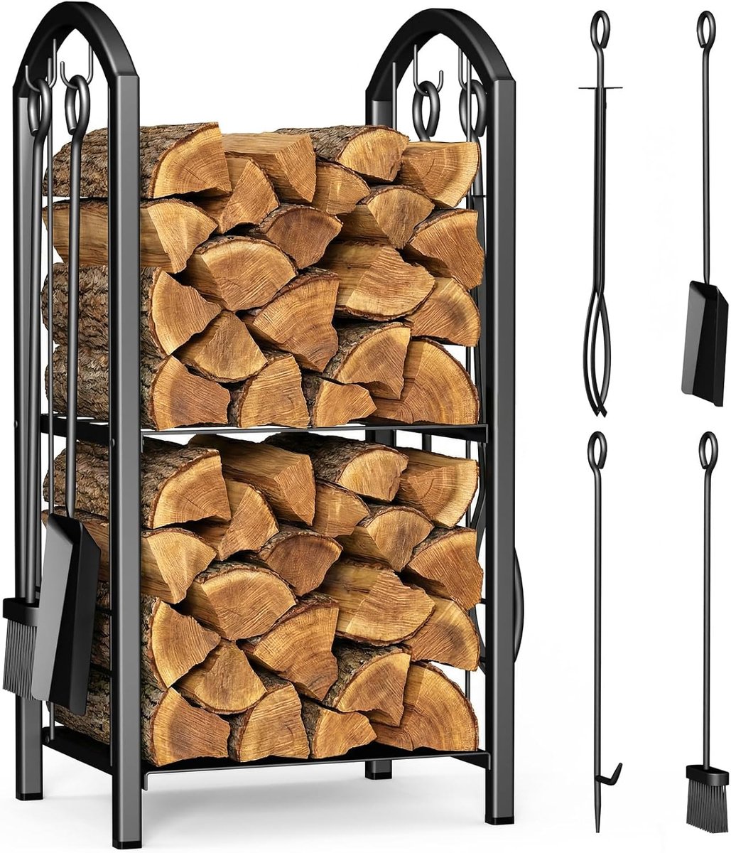 Imperatoris - Haardhout Rek - Haardhout Opslag - Haardhoutrek - Modern Ontwerp -Haardhout Rek - Rek voor Het Opbergen van Hout - 5 Delige Set met 4 Haardgereedschap - 38 x 33 x 75 cm