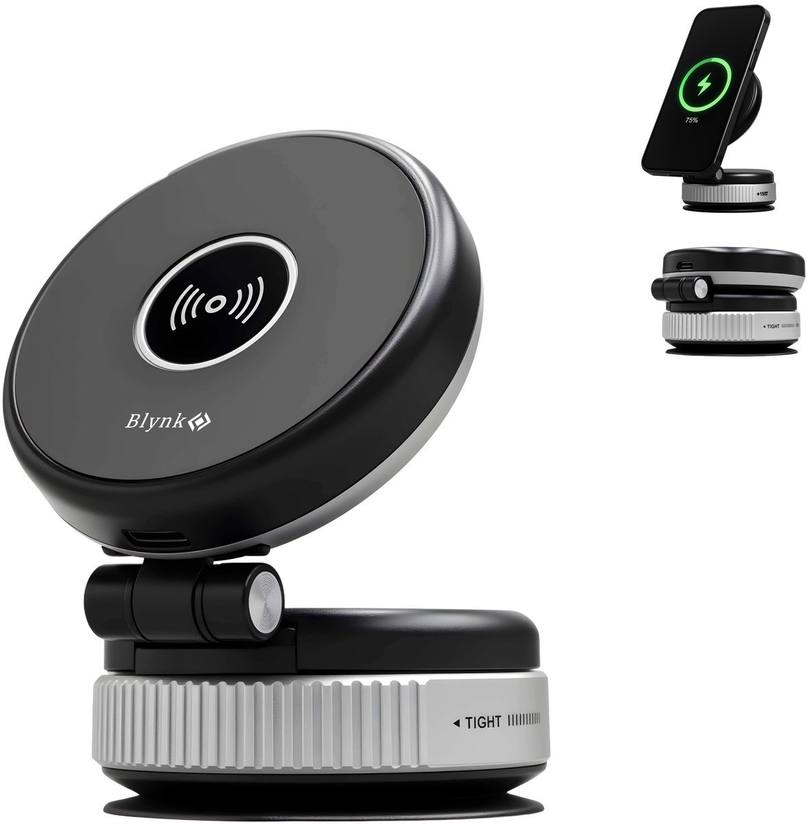 Blynk Telefoonhouder Auto – Magnetisch – Draadloos Opladen – Universeel met Vacuüm Zuignap – 360° Draaibaar – Geschikt voor iPhone, MagSafe & Android
