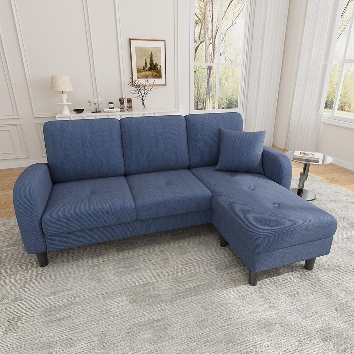 KOMHTOM BLACKCOLORS 166 x 118 x 77 cm, L-vormige hoekbank met chaise longue – 3-zitsbank, corduroy stof, kunststof poten, modulair ontwerp, ideaal voor woonkamers, appartementen en kantoren Blauw