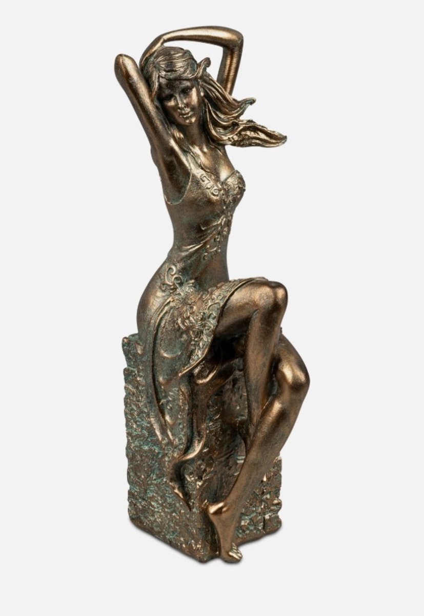 Vrouw - Dame - Beeld - Goud - Groen - Sfeervol - Romantiek - Kunst - 28x11x8cm.