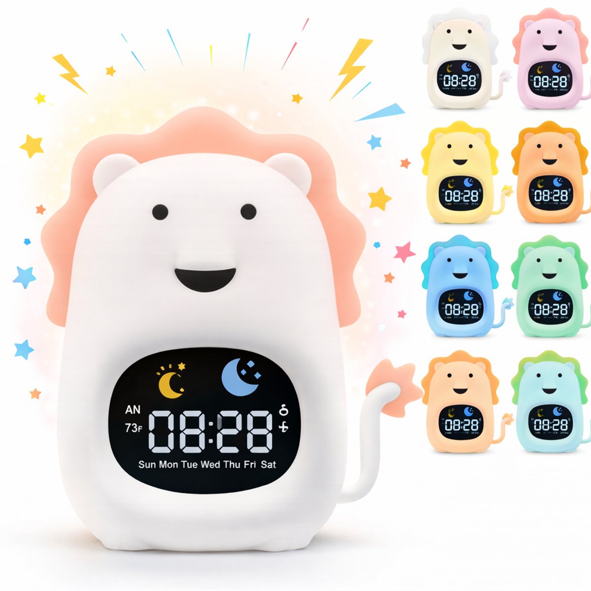 Luvonic® Slaaptrainer - Kinderwekker - Nachtlamp en Wekker - Kindvriendelijke Slaapwekker - Slaaptrainer met Led en Geluid - White Noise - 8 Verschillende Kleuren - Kind/Peuter/Kleuter - Leeuw