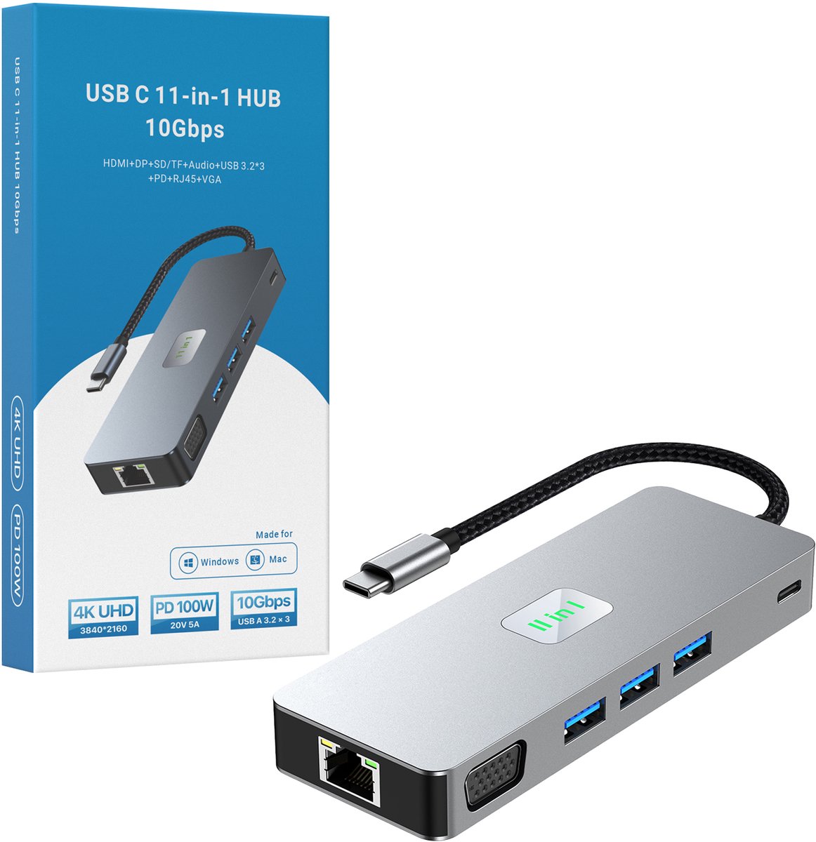 USB-C Hub - 11-in-1 Docking Station - 2 schermen - 3x USB 3.2 - 1x HDMI 4K - 1x DisplayPort - 1x Ethernet 1000mbps - 1x USB-C 5Gbps - 1x VGA - 1x Audio 3.5mm Jack - TF en SD Kaartlezer - 1x USB-C PD 100W - USB Hub Laptop - Grijs