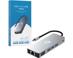 USB-C Hub – 11-in-1 Docking Station – 2 schermen – 3x USB 3.2 – 1x HDMI 4K – 1x DisplayPort – 1x Ethernet 1000mbps – 1x USB-C 5Gbps – 1x VGA – 1x Audio 3.5mm Jack – TF en SD Kaartlezer – 1x USB-C PD 100W – USB Hub Laptop – Grijs