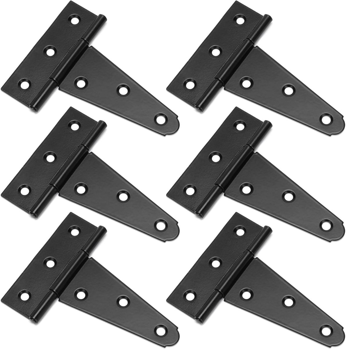 Set van 6 T-vormige scharnieren met 10 cm lange, robuuste scharnieren voor schuurdeuren, staldeuren, poorten, hekken en tuindeuren. Gemaakt van zwart gesmeed metaal, geschikt voor binnen- en buitengebruik.