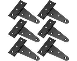 Set van 6 T-vormige scharnieren met 10 cm lange, robuuste scharnieren voor schuurdeuren, staldeuren, poorten, hekken en tuindeuren. Gemaakt van zwart gesmeed metaal, geschikt voor binnen- en buitengebruik.
