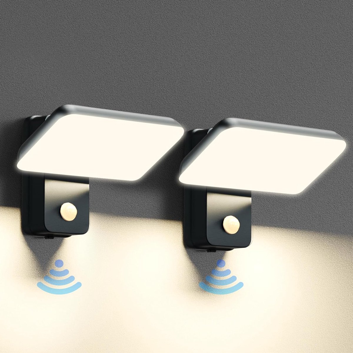 2 stuks Zwarte wandlamp met bewegingssensor, waterdichte IP65 LED-wandlamp, binnen-/buitenwandlamp met draaibaar LED-paneel, voor tuin, terras, entree, warm wit, 3000 K, (Moet voor gebruik worden aangesloten op de hoofdvoeding)