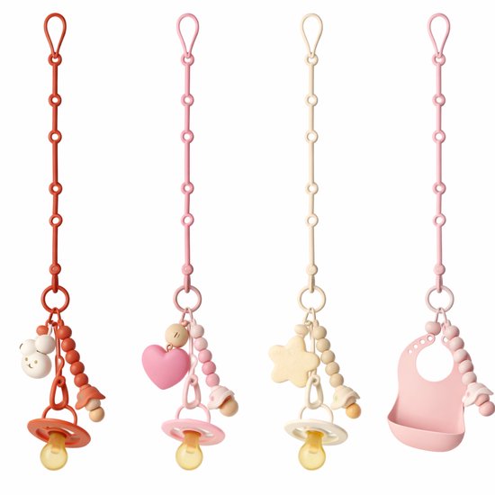 Vier speenkoorden in roestbruin, roze, beige en lichtroze met speentjes, bijtringen en bibs.