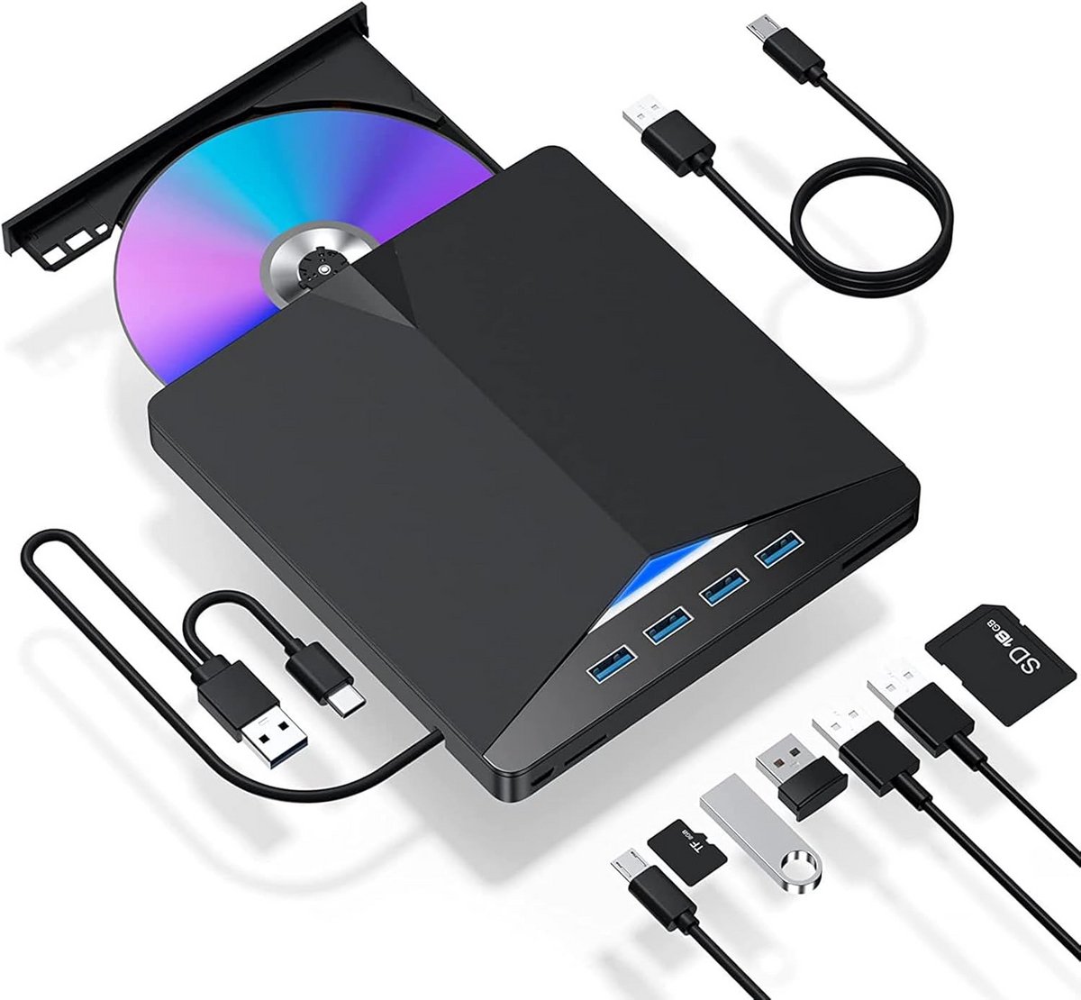 Externe CD/DVD Brander met USB 3.0 en Type-C, Inclusief SD/TF Kaartlezer