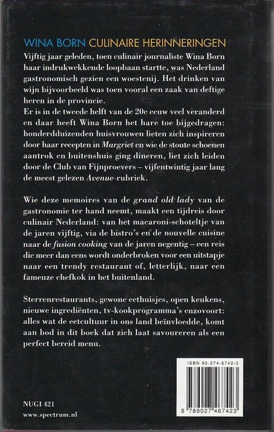 Boek "Culinaire herinneringen" van Wina Born, met foto van de auteur en het ISBN.