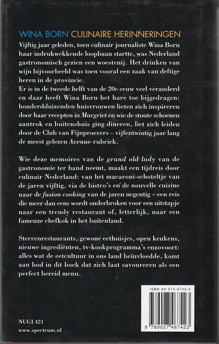 Boek "Culinaire herinneringen" van Wina Born, met foto van de auteur en het ISBN.