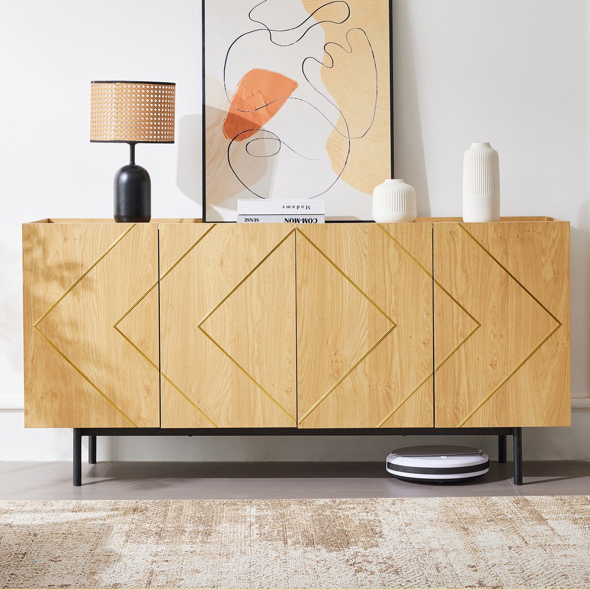 Clruro Sideboard - H78xB160xD40 - 4 Deuren Met Metaal Inlay - Opbergkast Voor Woonkamer - Hout - Naturel