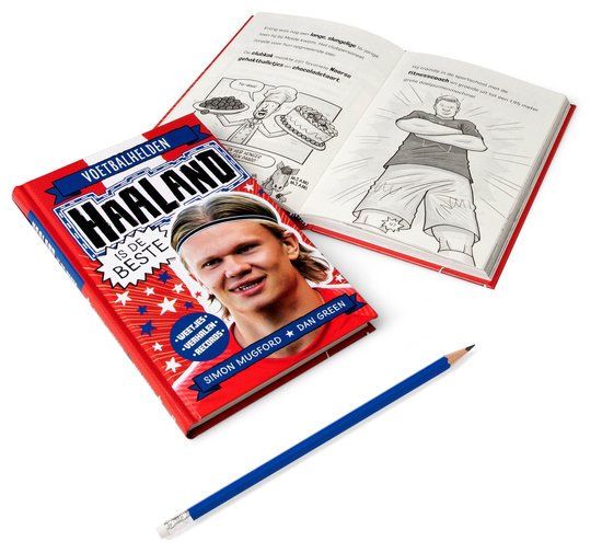 Een open boek met illustraties en tekst naast een gesloten boek met Erling Haaland op de cover.