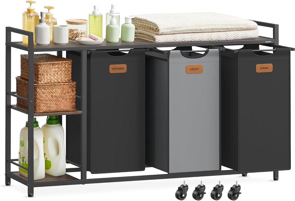 VASAGLE wasmand met 3 compartimenten, 150 L wassorteerder, rollende waskar met planken, verwijderbare voeringen, 6 labels, kastanjebruin, inktzwart en duifgrijs BLH312B01