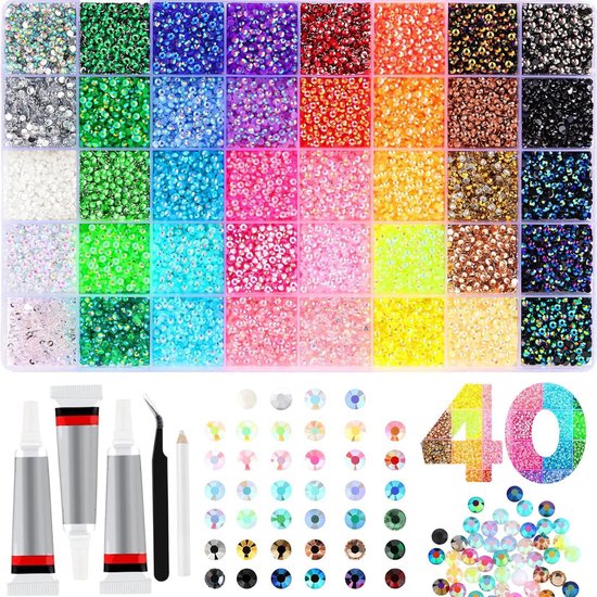 Ensemble Luxe de Pierres à Strass - 32 000 Pièces - 40 Couleurs - Kit XXL DIY Rhinestones avec 3x 10ml Colle - Pierres à Coller pour Vêtements, Tasses, Chaussures & Ongles - Paquet Loisirs - 0,3 cm