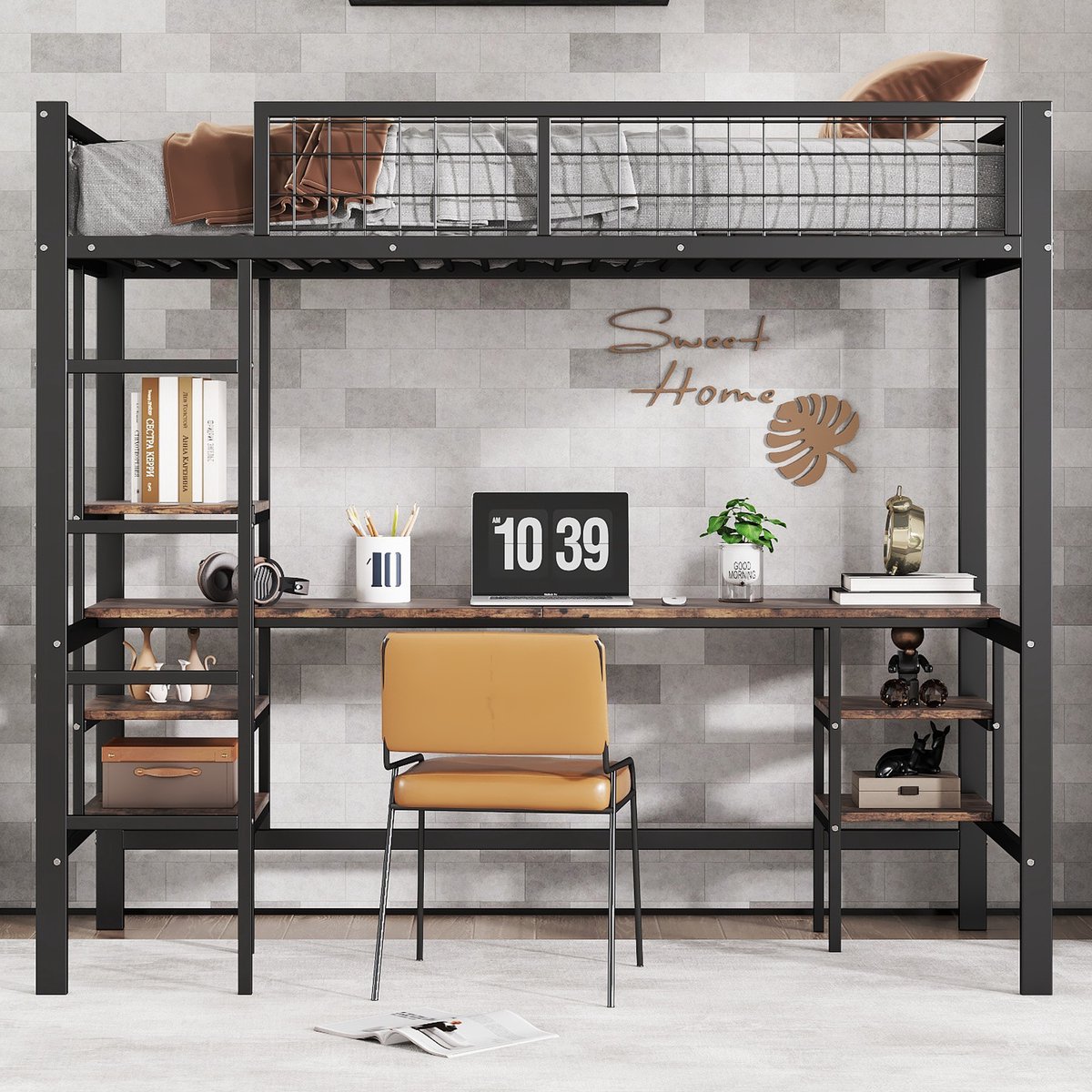 Stapelbed - 90x200 - Met Bureau En Rek - Viertraps Ladder - Metaal Spaanplaat - Zwart en Donker Hout
