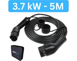 Laadkabel Type 2 16A 1 Fase | 3,7 kW | 5 Meter | Inclusief laadkabel tas | IP65 | 2 Jaar garantie | Mennekes aansluiting | Laadkabel auto | Zwarte 5 meter kabel TPU | CE, ISO & RoHs gecertificeerd