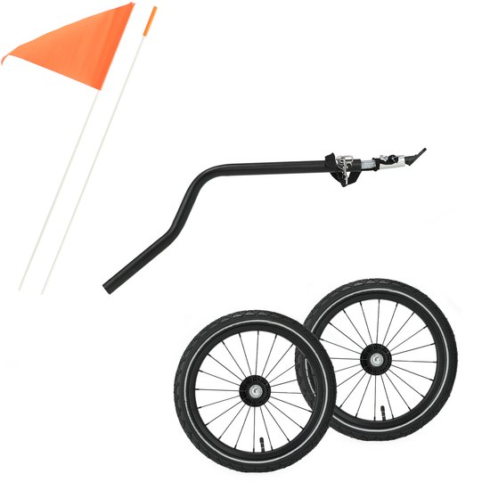 Oranje vlag, fietskar trekstang en twee zwarte wielen op witte achtergrond.