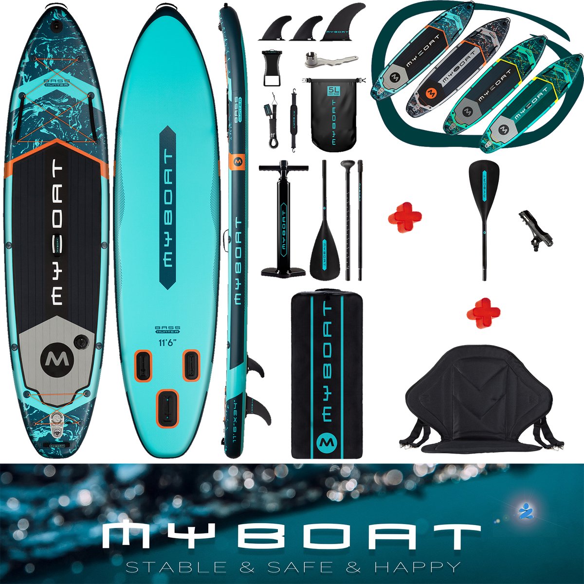 MyBoat Bass Hunter PRO Peddel Board voor Vissen | Extra zitje inbegrepen + vishengel houder | hengelhouder gemonteerd o/h Stand Up Sup Paddle Board | Dubbele Bungees, Sterke enkelvoudige of dubbele peddel blad te koppelen voor de kajak/kano ervaring