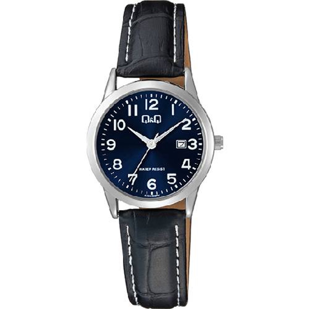 QQ-dames-horloge-datum-blauwe wijzerplaat-zwart leder-3 atm waterdicht-diameter 30 mm