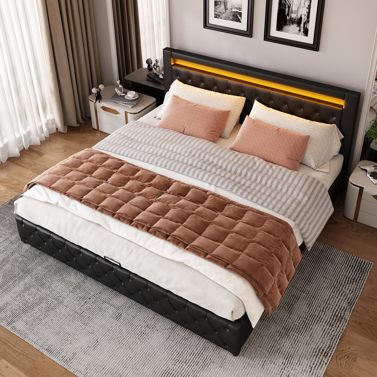 STILVORA Gestoffeerd Bed 140x190 cm – Ledverlichting Met Afstandsbediening – Hydraulische Opbergruimte – Met Lattenbodem – Zonder Matras – Pu – Zwart
