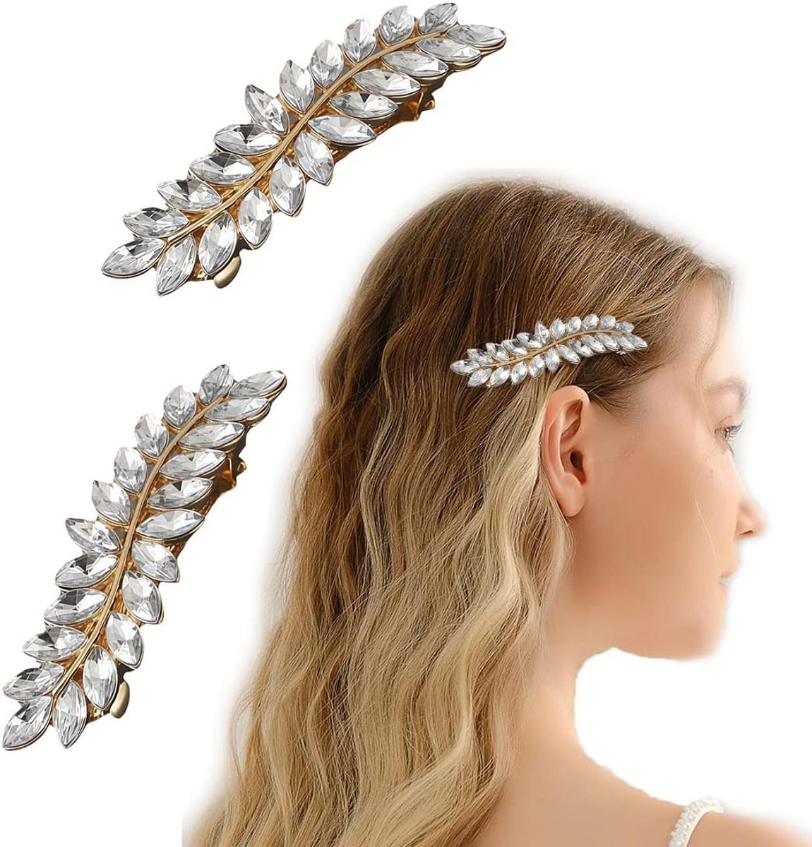 2x Brede Haarclips Goud met Kristallen - Antislip & Glanzend voor Dik Haar