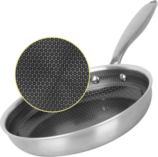 Zilverkleurige koekenpan met gedetailleerd honingraatpatroon.