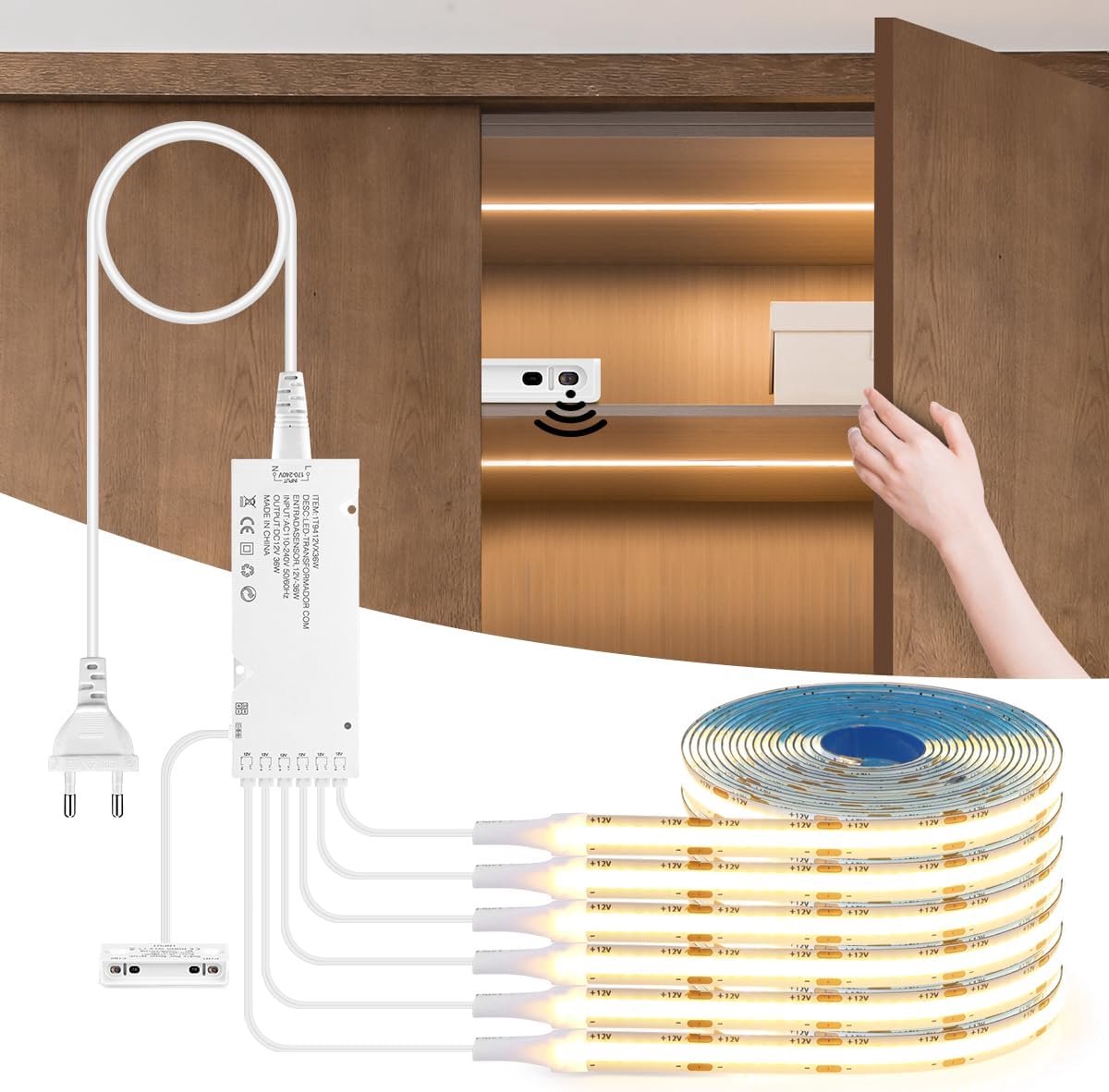 COB LED Strip 1m met Bewegingssensor - 6 Rollen 12V Warm Wit - Trimbaar voor Kast, Plank en Keukenverlichting
