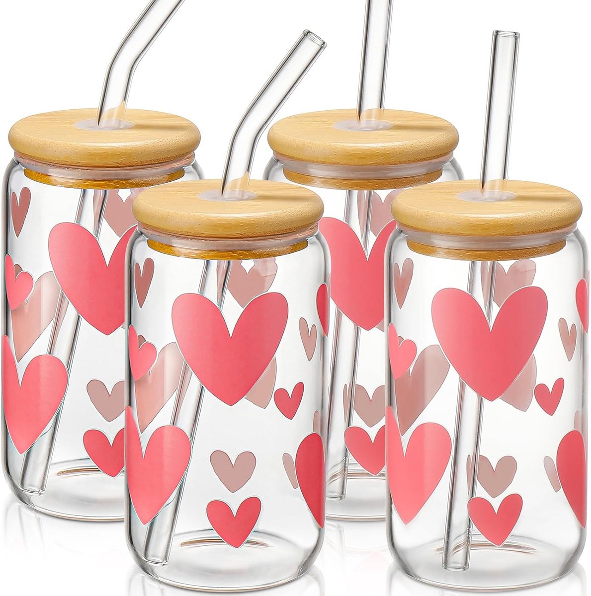 Set van 4 Glazen Bekers met Deksel en Rietje - Ijskoffie Drinkbekers