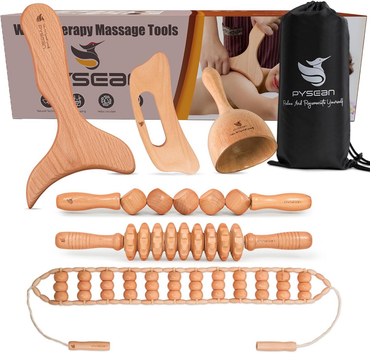 6-in-1 Houten Massage Set voor Lichaamscontouring, Lymfedrainage en Spierontspanning