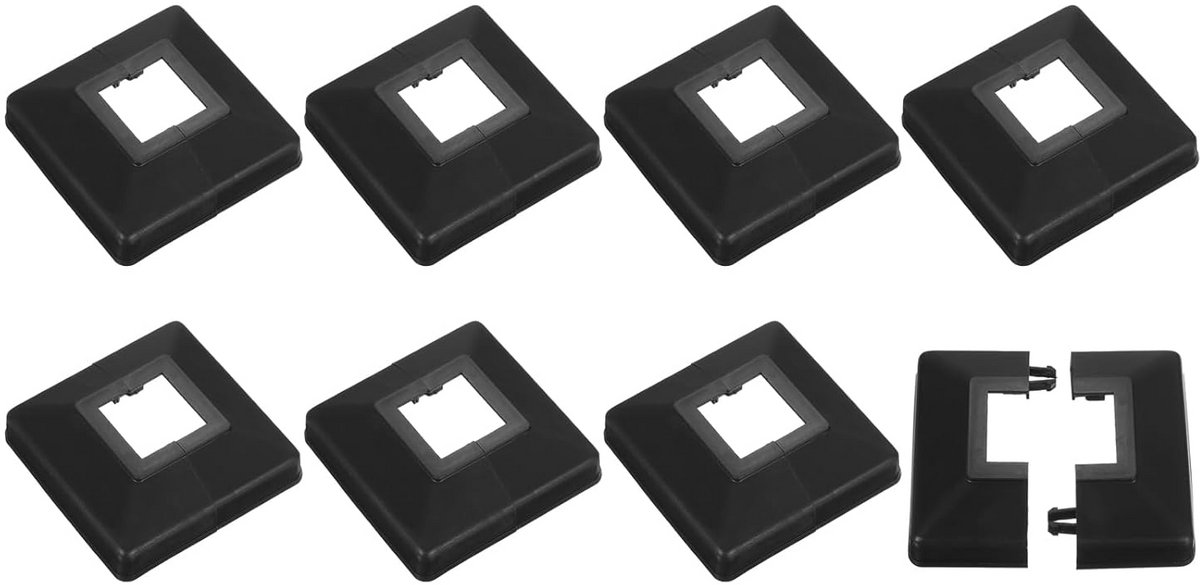 Set van 8 Zwarte Kunststof Afdekkingen voor Paalbasis en Trapleuning Steunen (88x88mm Buitenmaat)