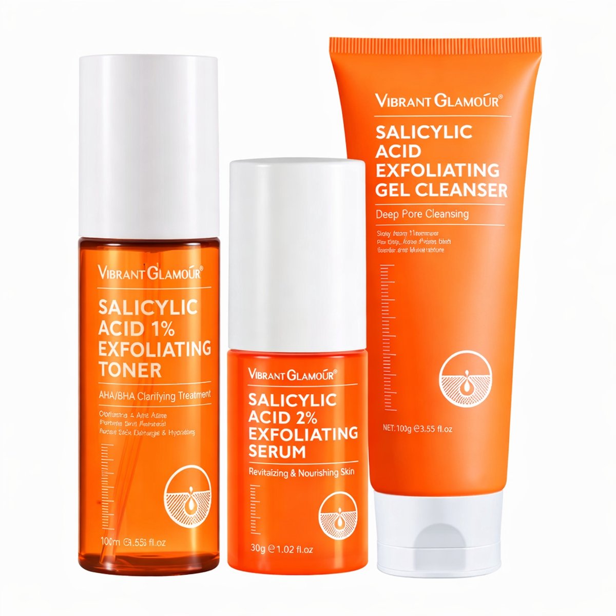 VIBRANT GLAMOUR Salicylzuur Gezichtsverzorgingsset 3-Delig – Gezichtsreiniger, Essentie & Toner – Voor Onzuivere en Vette Huid – Poriën Verkleinen & Oliecontrole