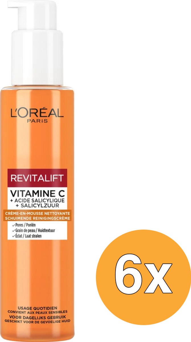 6x L'Oréal Paris Revitalift Reinigiscreme Schuimend Vitamine C Brightening (150 ml)