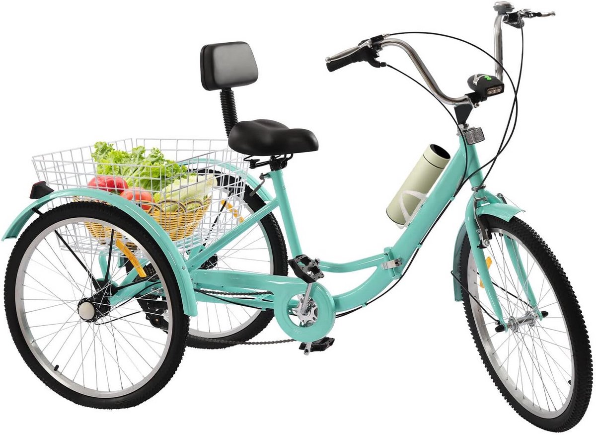 Opvouwbare 24 inch Driewieler voor Volwassenen met 7 Versnellingen, Mand en Rugleuning