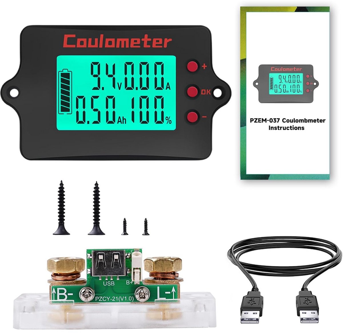 Universele Batterij Monitor & Accubewaker voor 12V tot 48V Lithium Accu's - Spanning & Ampèremeter met 100A Shunt