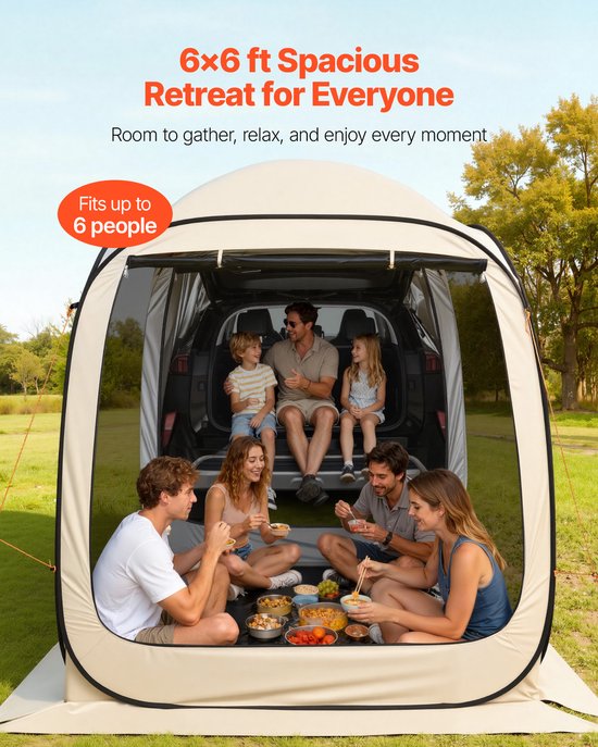 Screen House Tent, 1825 x 1825 x 2200 mm, pop-up SUV-achterklepbescherming voor 4-6 personen, draagbare luifel met draagtas, zijkanten van gaas, ideaal voor kamperen, de achtertuin en buitenevenementen, beige — afbeelding 4