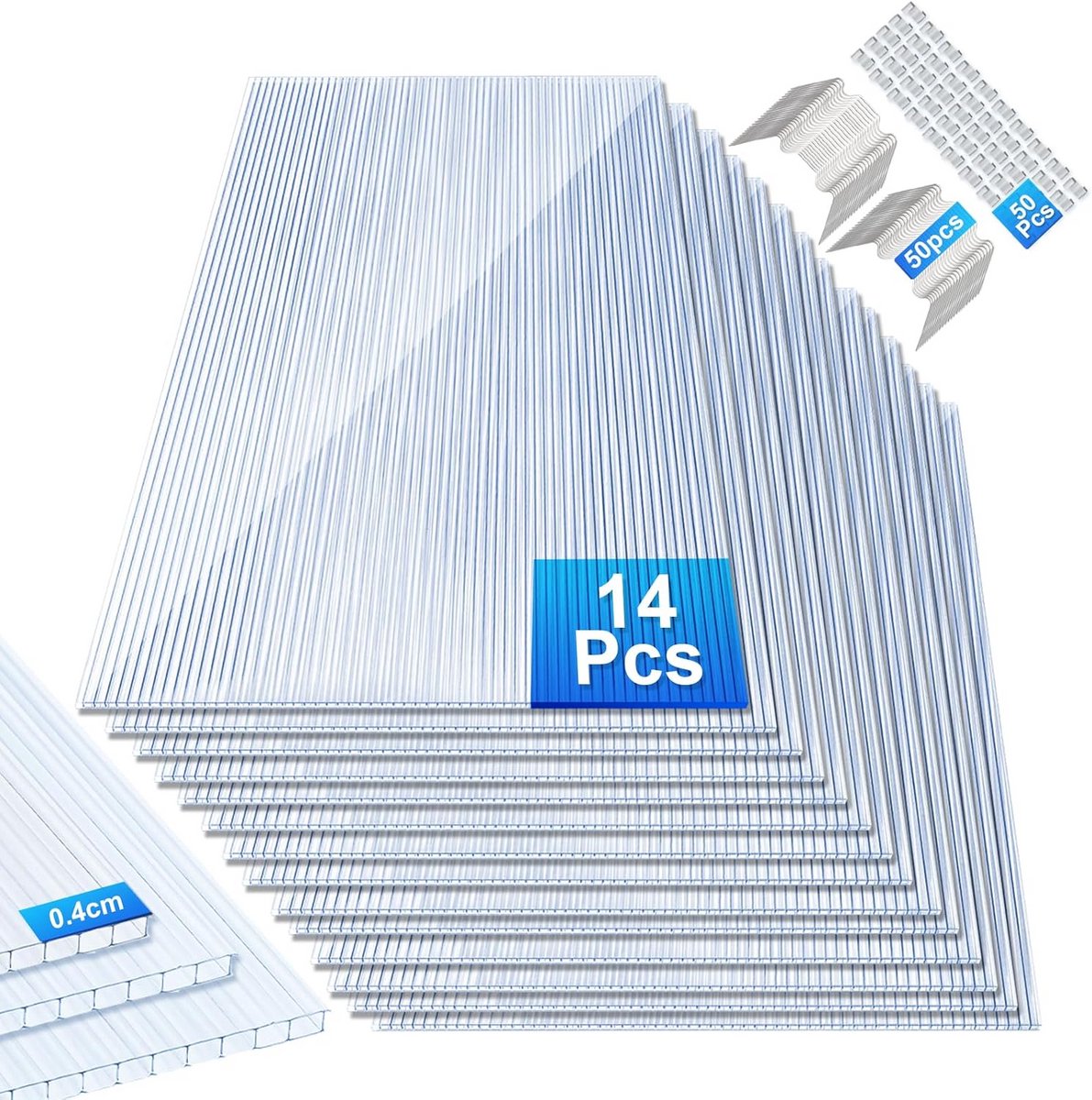 14x Polycarbonaat Platen 4mm Dubbelwandig 60.5x121cm met Bevestigingsmateriaal
