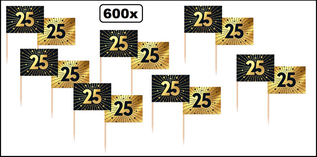600x Cocktailprikkers 25 jaar goud/zwart - Vlag prikker Jubileum verjaardag thema feest bruiloft cocktail prikker