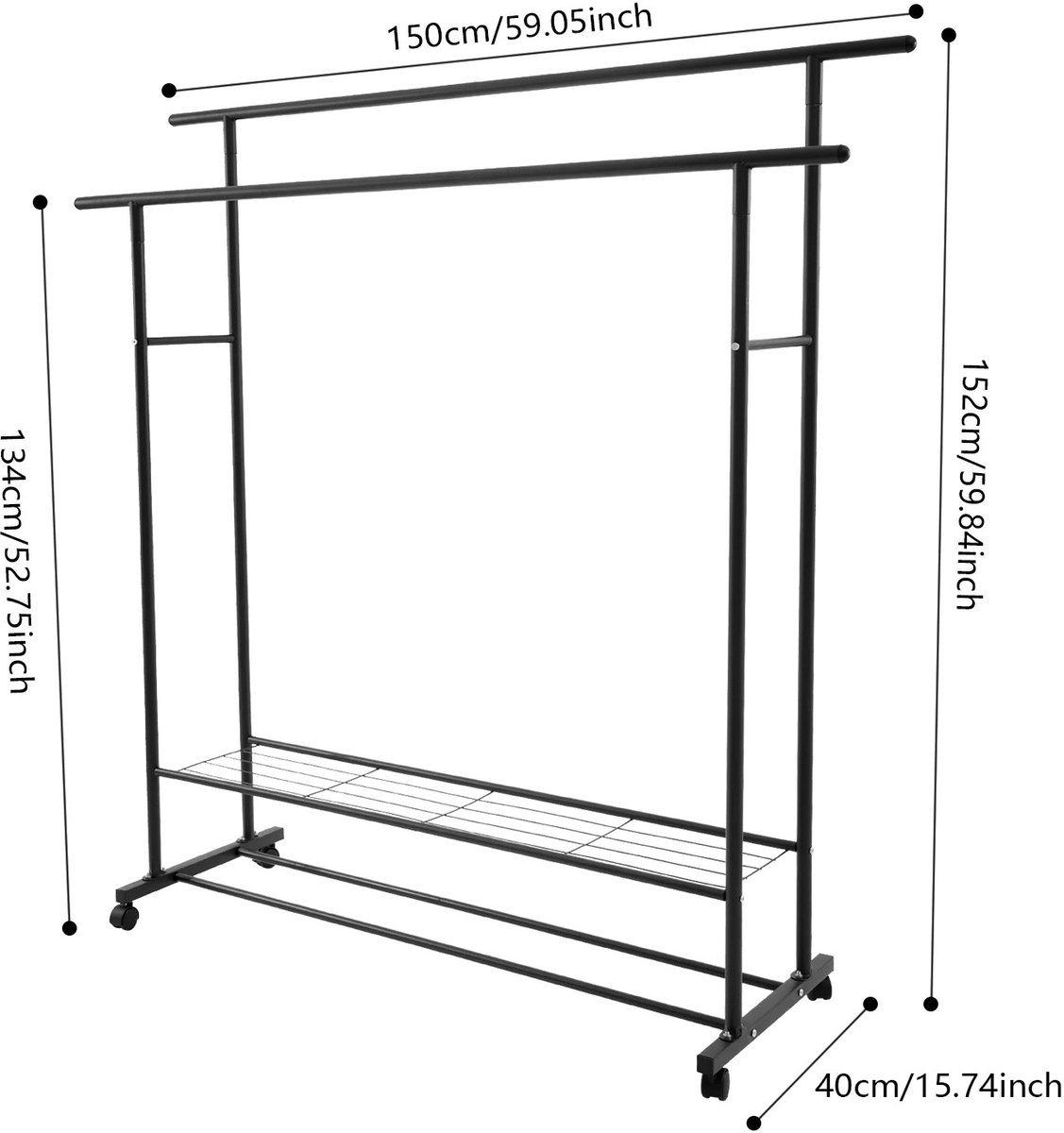 Allero Kledingrek - Kledingrek op Wieltjes - Kledingrek IJzer - Zwart - 150 centimeter - Dubbele Ophangstang - 4 Wieltjes