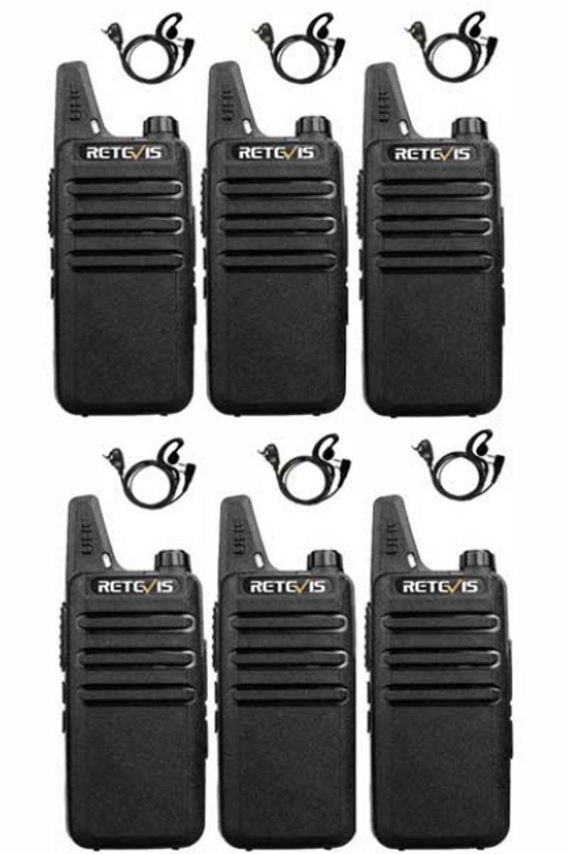 Set van 6 Retevis RT622 vergunning vrije UHF mini portofoons met G-shape oortje