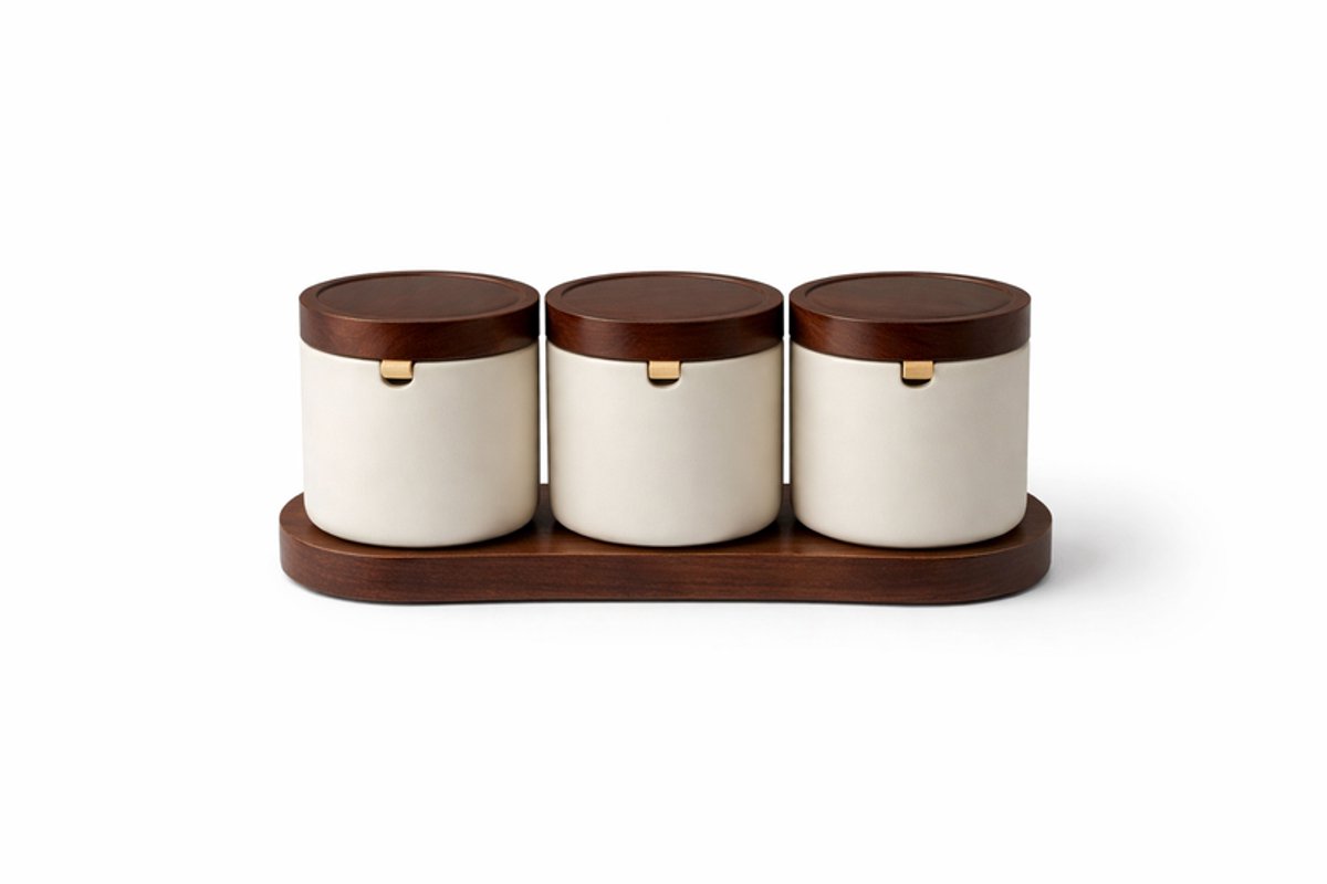 Terra Porseleinen Voorraadpotten Set met Houten Tray – 3-delig