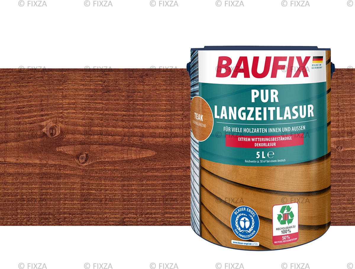 BAUFIX PUR Houtbeits – Teak – Zijdeglans – 5 Liter – Voor Schutting, Tuinhuis & Blokhut – Extra UV- & Weerbestendig