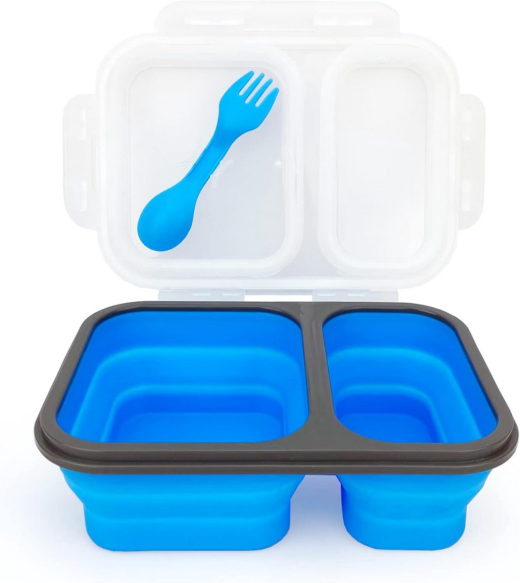 Opvouwbare bento-doos met twee lekvrije compartimenten 600 ml 450 ml 2 in 1 lepel vork siliconen lunchbox voor schoolreizen magnetronbestendig