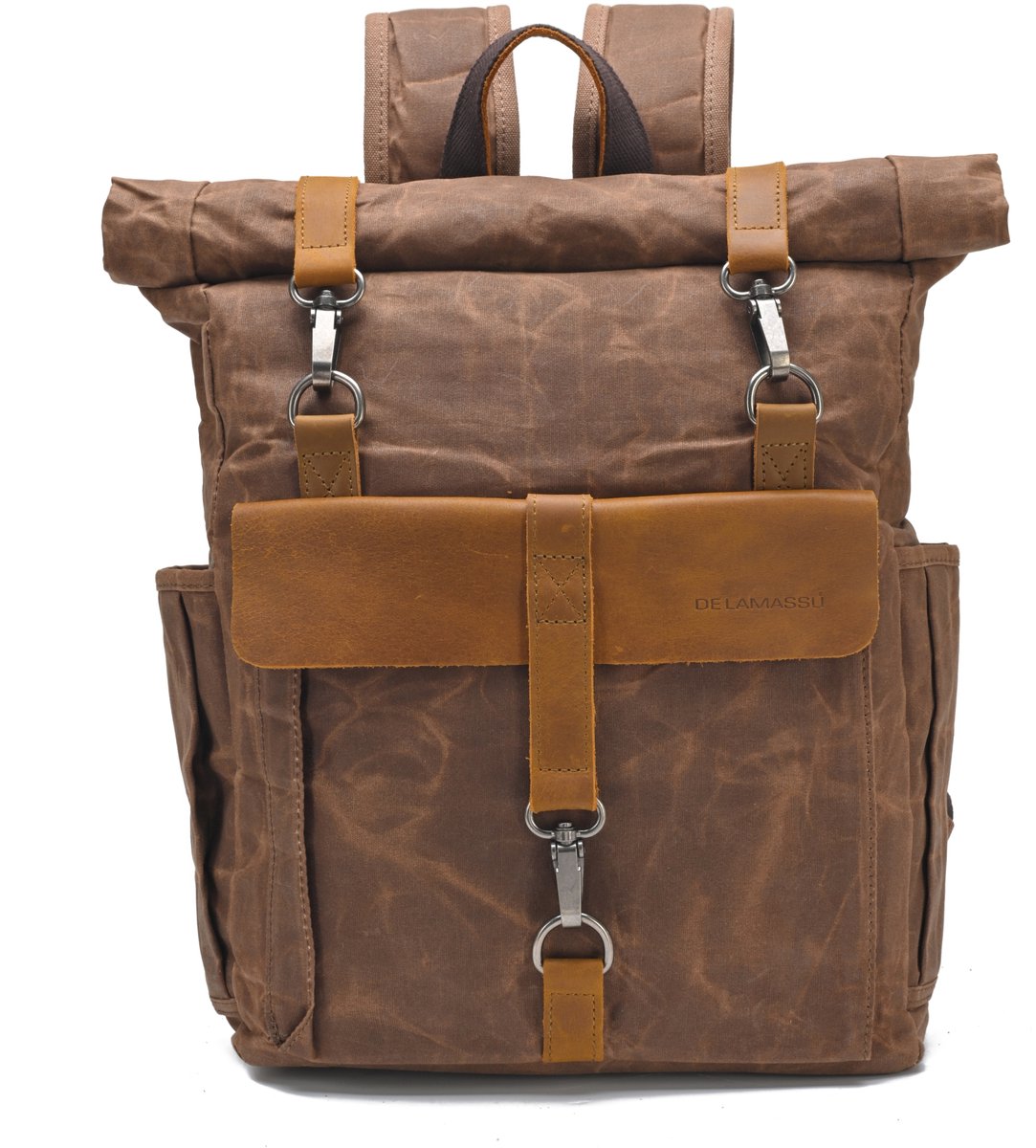 DE LAMASSU® Vintage Canvas Rugzak 15 Inch Laptop – Rolltop Backpack – Waterafstotend – Canvas & Echt Leer – 32x12x45-58 cm – Unisex