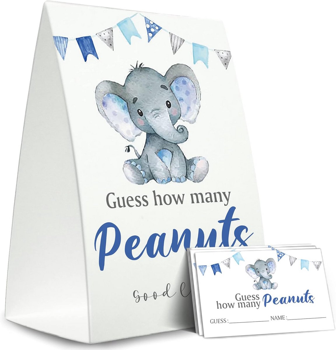 Raad het aantal pinda's spel kaarten olifantenthema babyshower 50 stuks