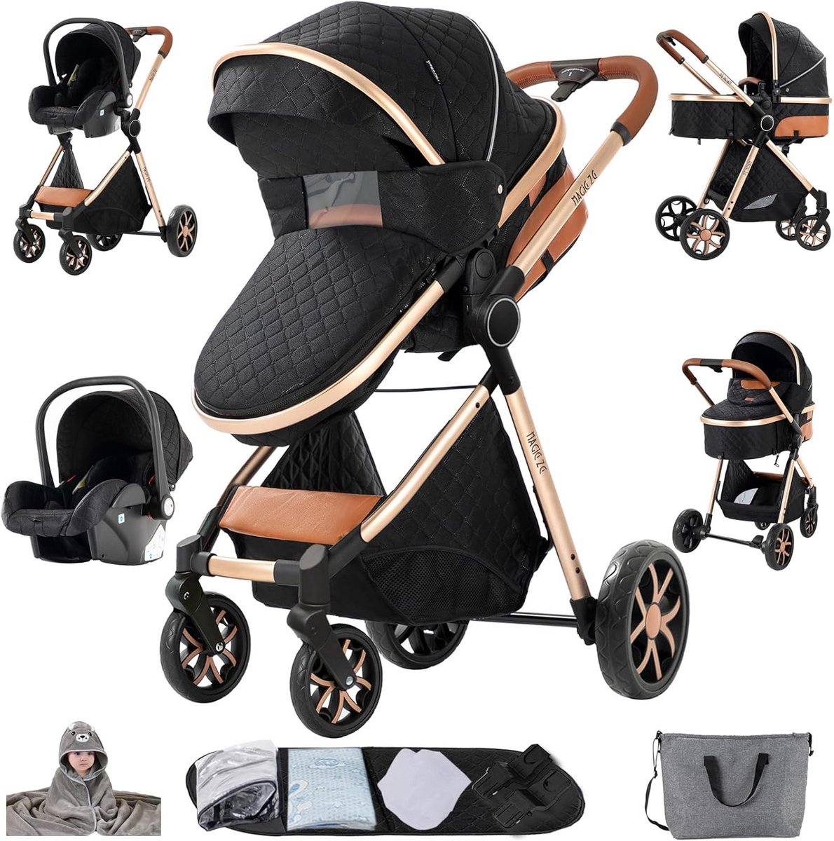 3-in-1 Kinderwagen Reissysteem met Tweeweg Duwfunctie en Verstelbare Rugleuning
