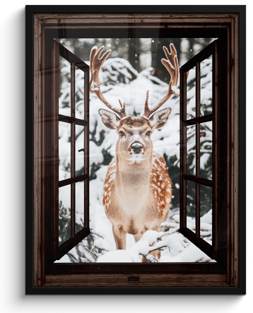FrameYourWall Poster in lijst - Fotolijst 50x70 cm - Posters - Hert - Sneeuw - Winter - Bos - Dieren - Doorkijk - Posterlijst zwart - Decoratie - Wanddecoratie woonkamer - Muurdecoratie slaapkamer