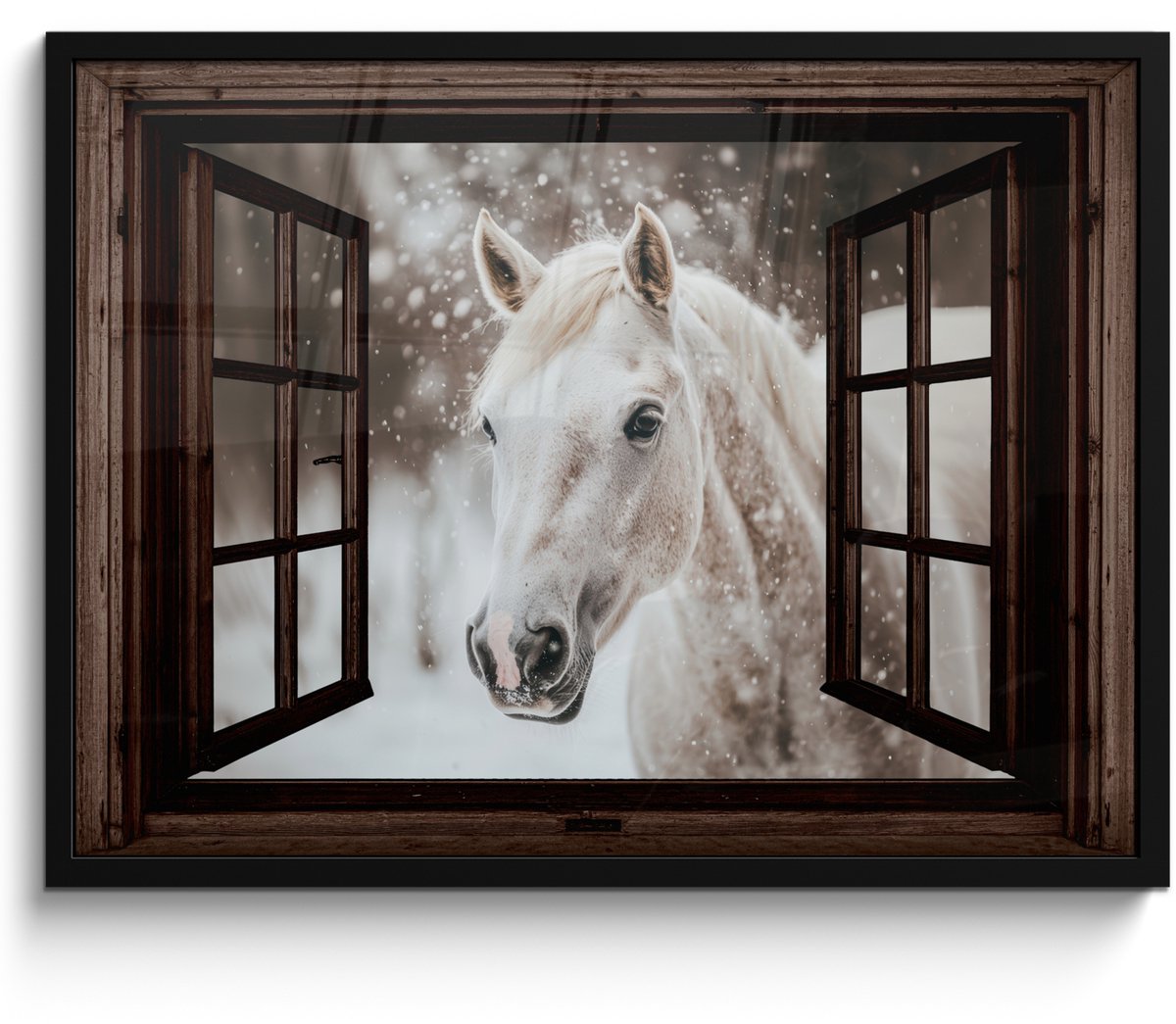 FrameYourWall Poster in lijst - Fotolijst 70x50 cm - Posters - Doorkijk - Paard - Wit - Winterlandschap - Sneeuw - Posterlijst zwart - Decoratie - Wanddecoratie woonkamer - Muurdecoratie slaapkamer