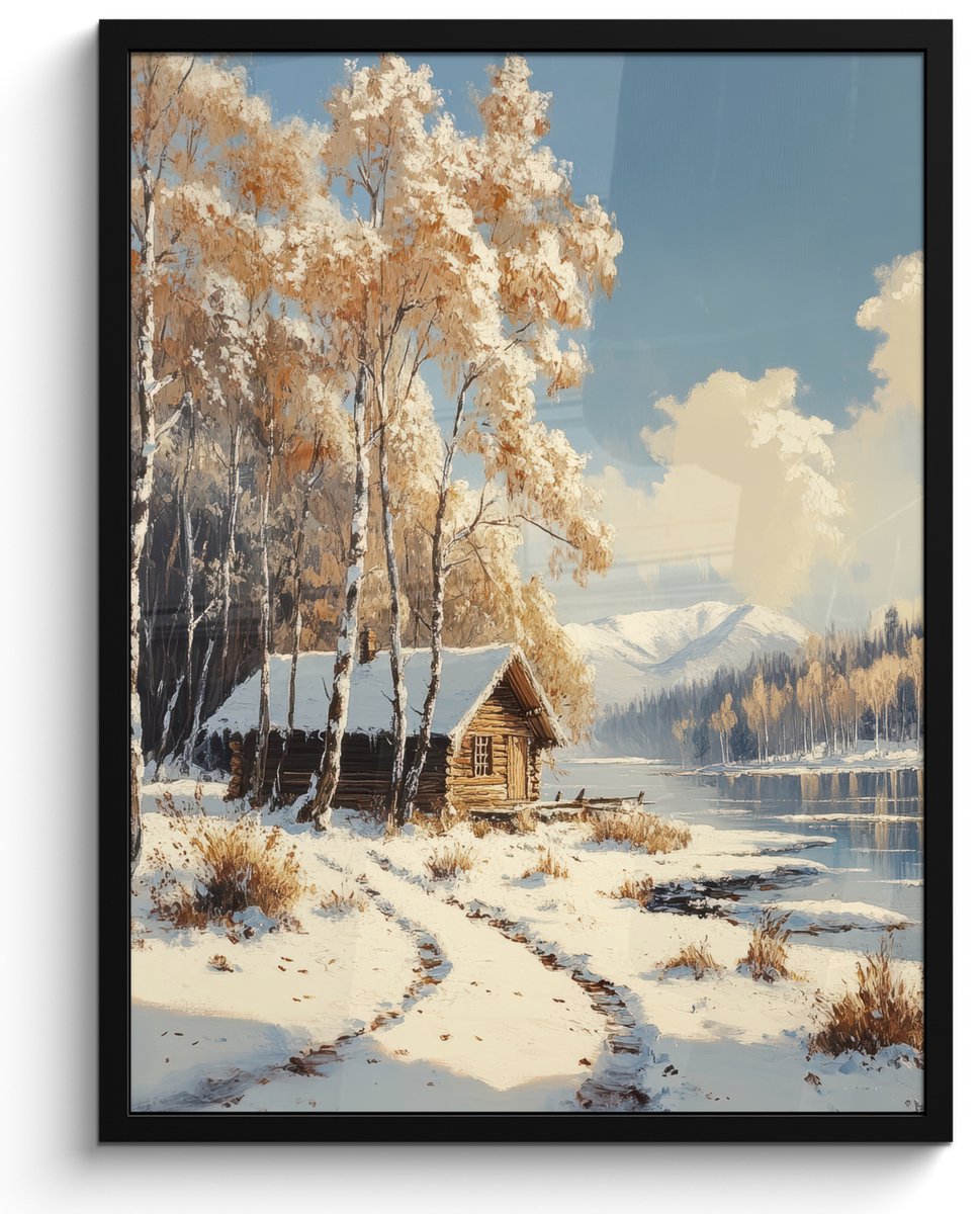 FrameYourWall Poster in lijst - Fotolijst 50x70 cm - Posters - Winter - Sneeuw - Huis - Natuur - Posterlijst zwart - Decoratie - Wanddecoratie woonkamer - Muurdecoratie slaapkamer Winter - Meer - Huis