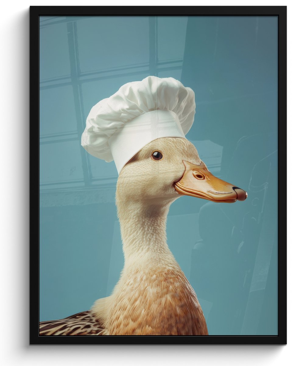 FrameYourWall Fotolijst inclusief poster - Posterlijst 50x70 cm - Posters - Eend - Koksmuts - Cute - Vogel - Foto in lijst - Keuken decoratie muur - Wanddecoratie accessoires - Muurdecoratie - Schilderijen Koksmuts - Eend